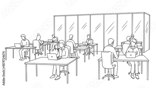 Linear drawing of people working in an open office workspace with laptops