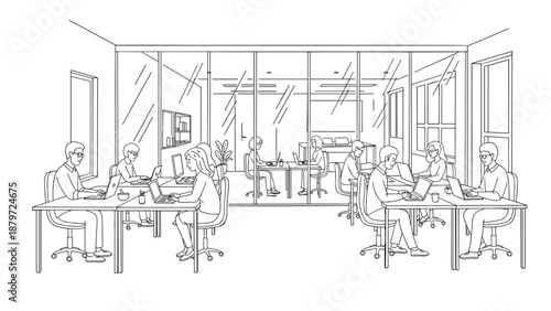 Modern linear office workspace with professionals collaborating in open-concept design