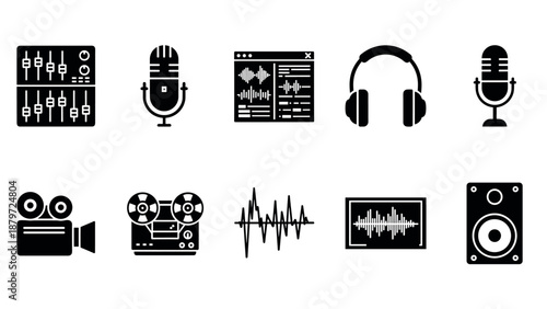 Music and audio equipment icons: silhouette design of microphones, headphones, and sound waves