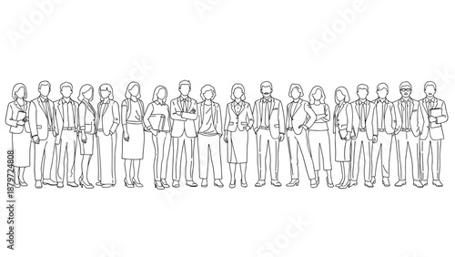 Linear outline of diverse business professionals in a standing group formation