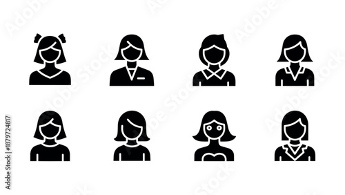 Diverse female icons collection in modern silhouette style