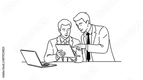 Business professionals collaborating over digital tablet and laptop in linear style