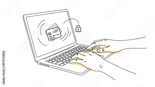 Online payment security concept with hands on laptop and credit card in minimalist style