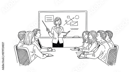 Business presentation in meeting room with whiteboard diagram in linear style