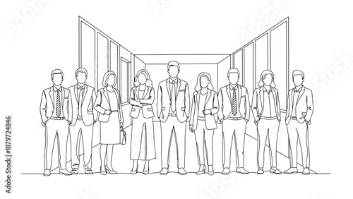 Business team in office corridor, line art illustration of diverse professional group