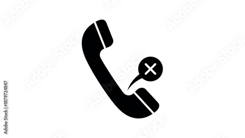 Minimalist telephone icon with call decline symbol in black silhouette design