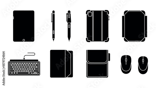 Silhouette icons of office electronics and accessories on white background