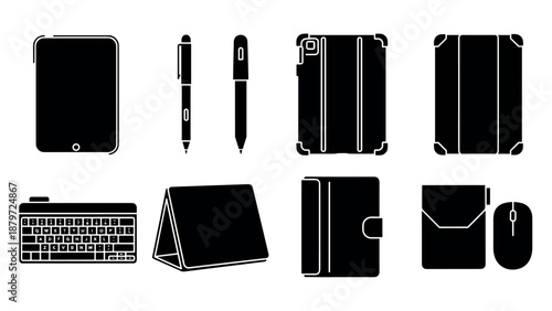 Essential tablet accessories: cases, pens, and keyboards in silhouette style for modern tech