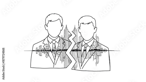 Businessmen silhouette with cityscape reflection and split skyline design