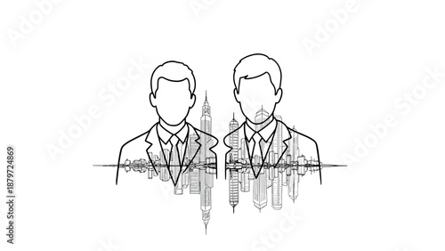 Business executives overlapping city skyscraper skyline in linear style