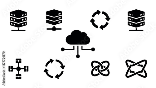 Cloud computing and networking icons with data storage and connectivity symbols