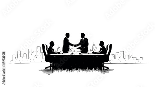 Business meeting concept with silhouette of professionals shaking hands at conference table