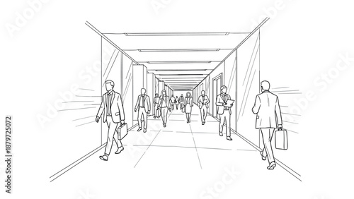 Business professionals walking through office hallway in linear style