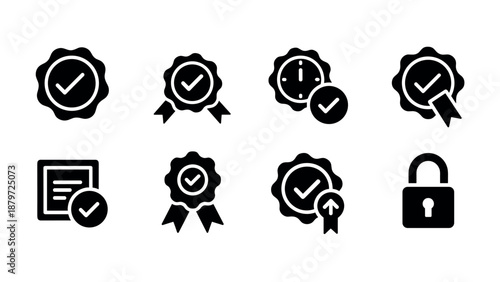 Certification icons: badge, time, document, lock illustrations for security and quality assurance