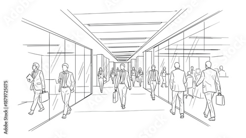Office corridor with business people walking in line art style