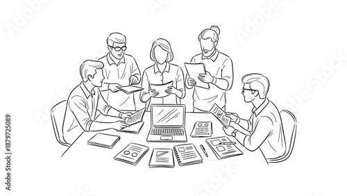 Collaborative business meeting with team discussion around laptop in linear style