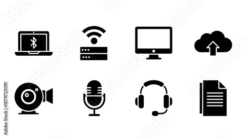 Essential digital communication icons in modern silhouette style for tech solutions