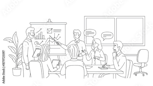Team collaboration in a modern office: linear outline of a business meeting
