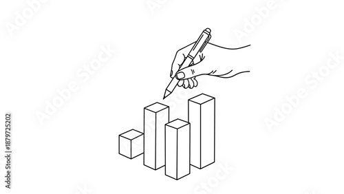 Hand drawing bar chart in linear style with pen on white background