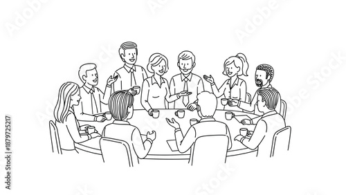 Business team meeting in linear style with diverse professionals discussing ideas