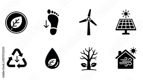Eco-friendly icons: renewable energy, sustainability, recycling, and conservation symbols