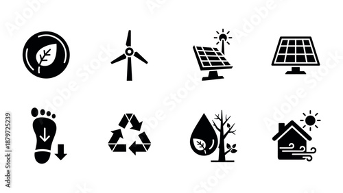 Eco-friendly energy and sustainability icons in black and white silhouette style
