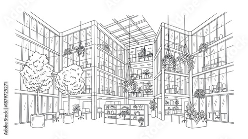 Modern office atrium black and white line art with indoor plants