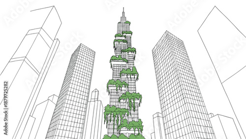 Urban skyscraper with vertical gardens and surrounding cityscape
