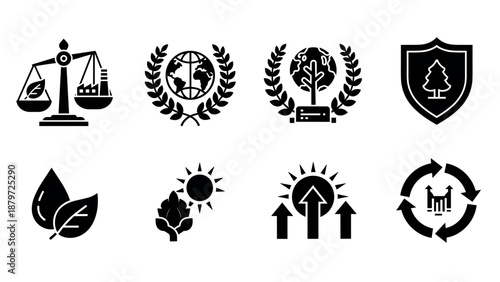 Ecology and sustainability icons set featuring balance and growth themes