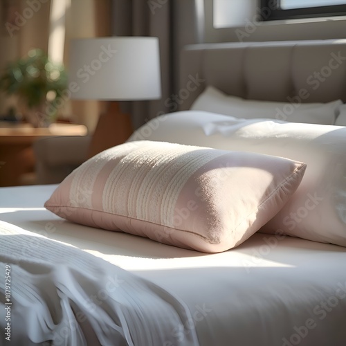 Bedroom pillow placed on a bed, emphasizing sleep aid and interior styling, under natural light, with fabric textures and household setting.