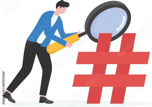Businessman Inspecting Hashtag with Magnifying Glass