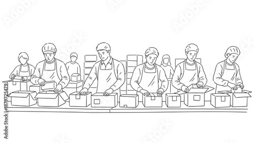 Factory workers packaging boxes: teamwork and efficiency in a manufacturing line drawing