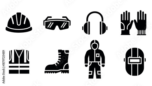Essential safety equipment icons: helmet, goggles, headphones, gloves, vest, boots