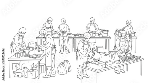 Healthcare workers in ppe handling medical supplies in a linear outline style