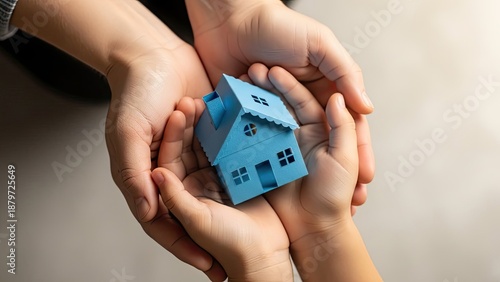 Adult and child hands holding a small blue house model, symbolizing home, family, and protection.