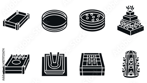 Black silhouette gardening elements and landscaping icons set