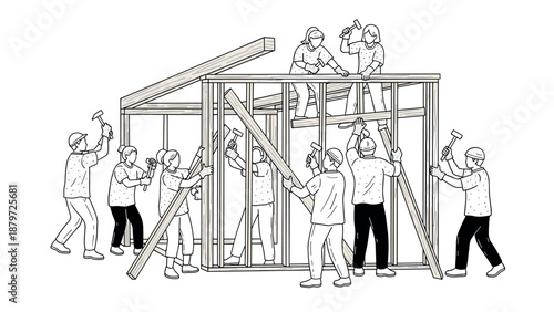 Team effort in house construction line art design with builders collaborating on framework