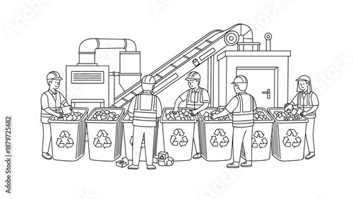 Recycling plant workers sorting waste in a linear style waste management facility