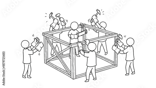 Team collaboration and construction line art with stick figures building a box