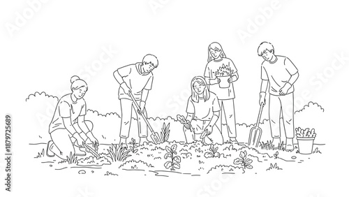 Community volunteers gardening together in an urban green space