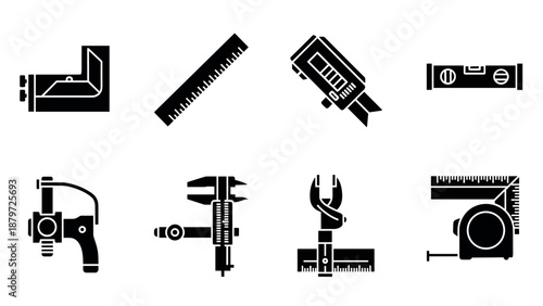 Precision measuring tools set in silhouette style for engineering and construction
