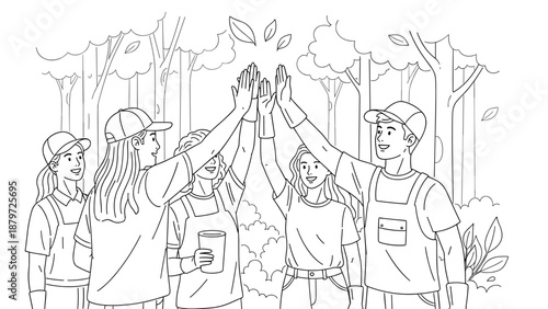 Team celebrating unity with high five in forest line art