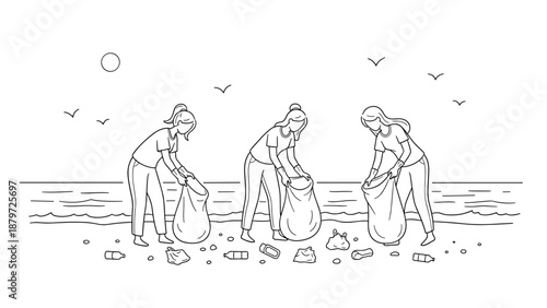 Volunteers cleaning beach: line art of coastal environmental effort and community care