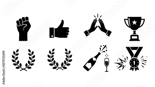 Black silhouette icons of awards and celebrations featuring trophies and medals
