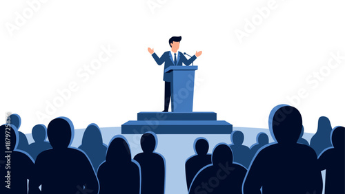 Business presentation with leader on podium in silhouette style