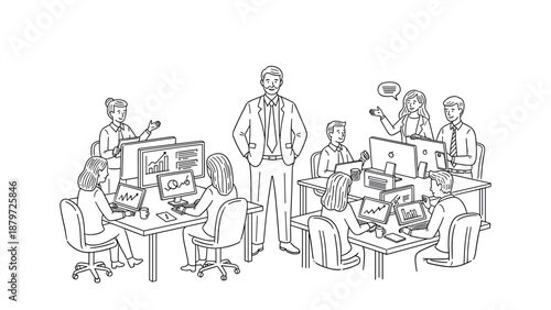 Collaborative office team engaged in discussion and analysis in a modern workspace