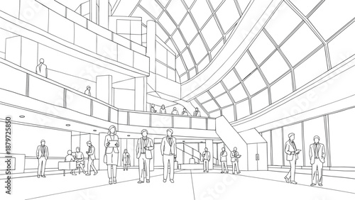 Modern office building interior with people in a linear style