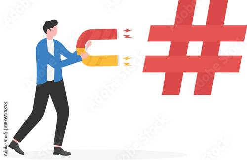 Businessman Attracting Hashtag with Large Magnet