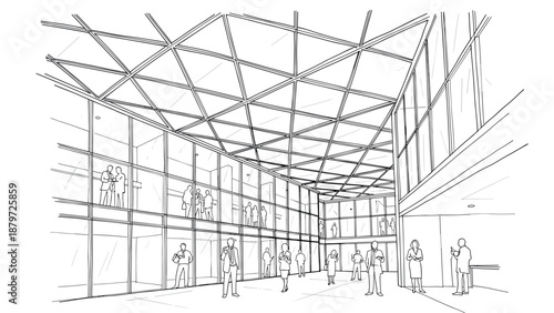 Modern office building interior with glass ceilings and people in linear style