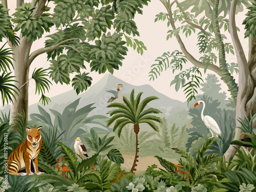 Tropical forest scene with diverse wildlife and lush vegetation